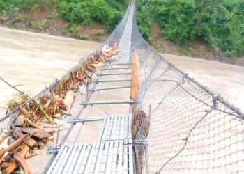A day of continuous rainfall, Flood, Trishuli River, Jholunge Bridge, Hiklung, Damage, High flow, Foundation erosion, Bridge collapse, Crossing difficulty, Hiklung, Thumka, Balaki, Korak, Risky journey, Missing planks, Kaudifant, Hugdi, Favorable options, Jholunge Bridge construction, Year 2075 B.S. (2018 AD), Gandaki Gaunpalika, Gorkha, Prithvi Raj Marg, Benighat Rorang, Tuin (makeshift rope bridge),